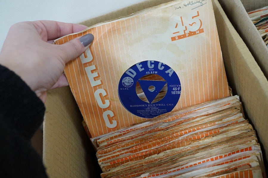 Four boxes of 7 inch singles, all on Decca, MGM and Parlophone record labels, artists include; Connie Francis, Jackie Dennis, Tommy Steele the Southlanders, the Goons the Rolling Stones, Dave Berry, the Fortunes, Billy F